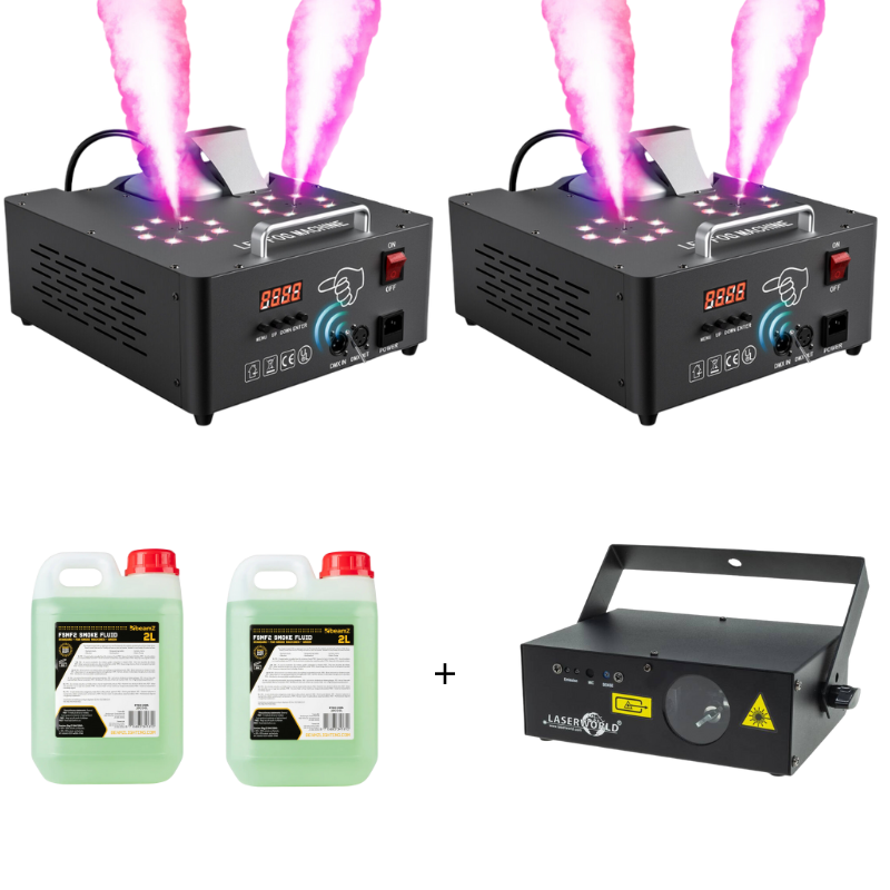 2x U'King DMX512 Rookmachine + 4 Liter Rookvloeistof & Laser